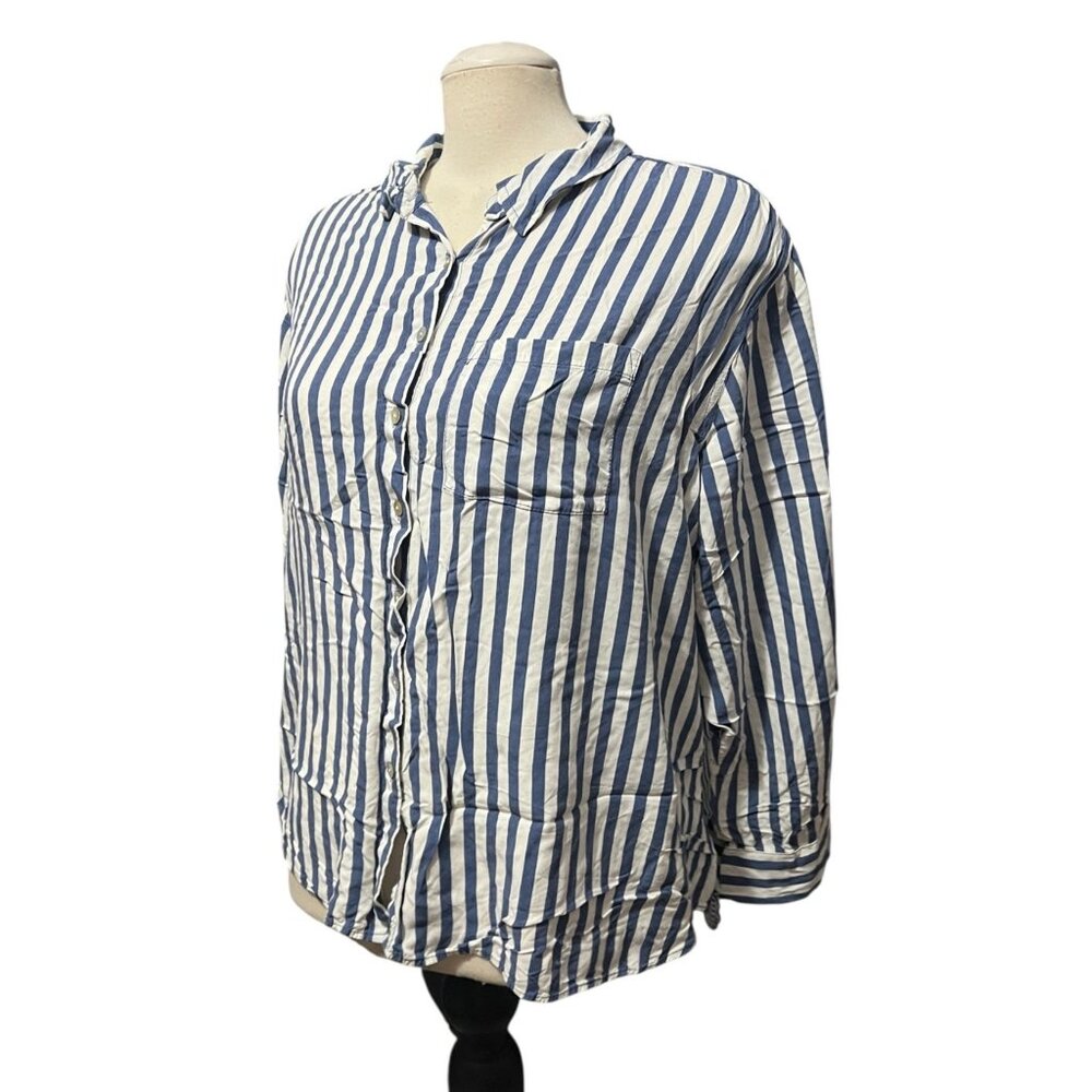 Jane & Delancey Womens Striped Button-Down Shirt 2X Blue/White Long-Sleeve Light